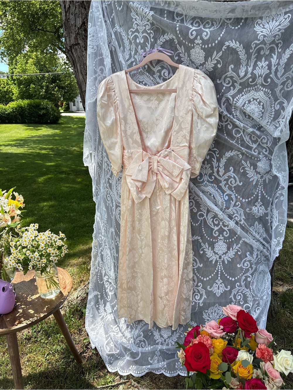 Vintage-Inspired Cream Lace Midi Dress with Bow Back